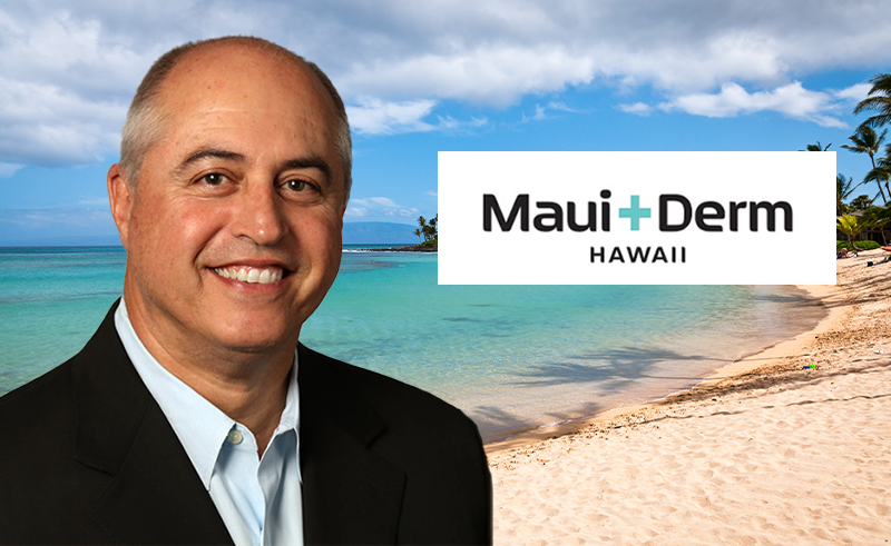 Image of Dr. Laub with the Maui Derm Logo on a Hawaiian beach background